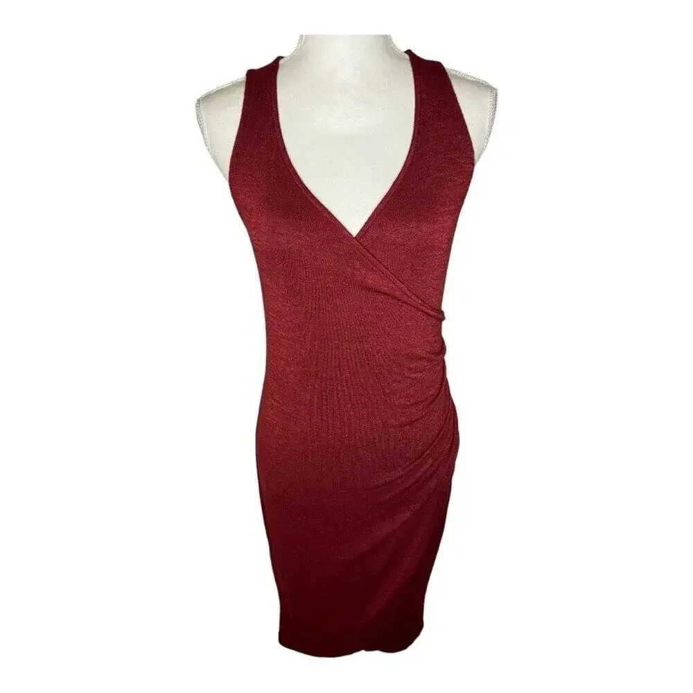 Leith Women’s Small Burgundy V-Neck Ruched Body-Con‎ Sleeveless Dress